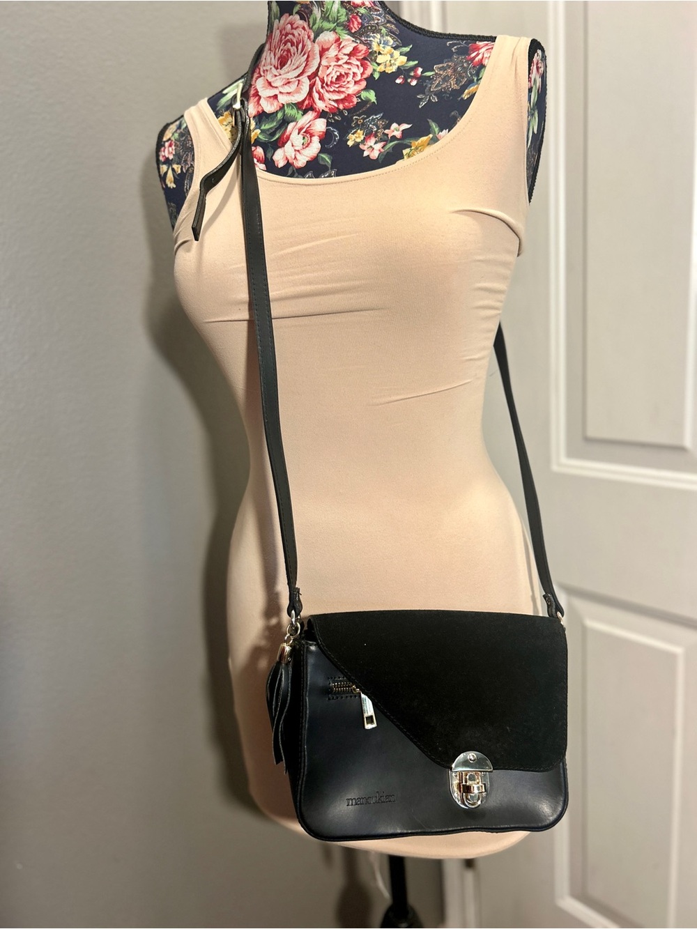 MANOUKIAN Paris Black Leather & Suede Crossbody Bag | Made in Italy | 9x6x3